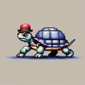 A turtle, ((with a hat on his head and red eyes:1.5)), crawling forward on all fours,
(full body picture),
(from the side),
A blue background,
(Pixel Art :1.3), Pixel style,