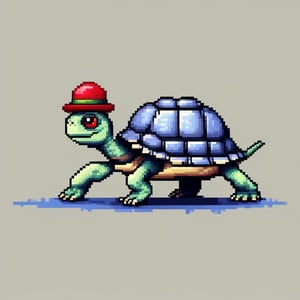 A turtle, ((with a hat on his head and red eyes:1.5)), crawling forward on all fours,
(full body picture),
(from the side),
A blue background,
(Pixel Art :1.3), Pixel style,