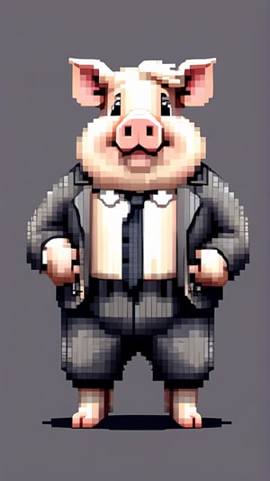 (a white-striped pig, anthropomorphic figure), weighing 100kg, (hair is a braid, the braid is draped across the chest), (wearing a suit, the figure), (standing on two legs), commanding with both hands forward, smiling towards the camera,pixel style