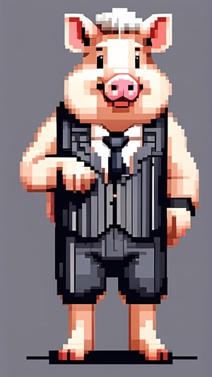 (a white-striped pig, anthropomorphic figure), weighing 100kg, (hair is a braid, the braid is draped across the chest), (wearing a suit, the figure), (standing on two legs), commanding with both hands forward, smiling towards the camera,pixel style