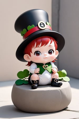 A baby,Little leprechaun, wearing red bean band, in white and black colors, on stone,in a little house,masterpiece, best quality, sticker