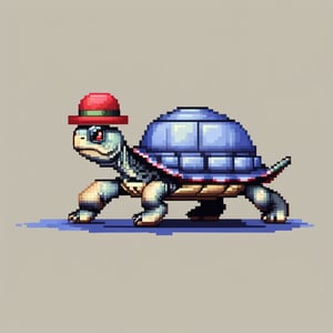 A turtle, ((with a hat on his head and red eyes:1.5)), crawling forward on all fours,
(full body picture),
(from the side),
A blue background,
(Pixel Art :1.3), Pixel style,