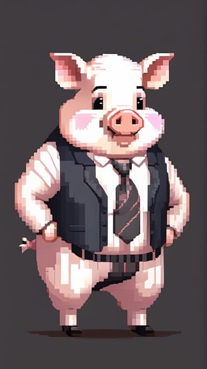 (a white-striped pig, anthropomorphic figure), weighing 100kg, (hair is a braid, the braid is draped across the chest), (wearing a suit, the figure), (standing on two legs), commanding with both hands forward, smiling towards the camera,pixel style