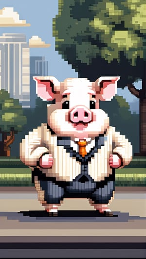 (a white-striped pig, anthropomorphic figure), weighing 100kg, (hair is a braid, the braid is draped across the chest), (wearing a suit, the figure), (standing on two legs), commanding with both hands forward, smiling towards the camera,pixel style