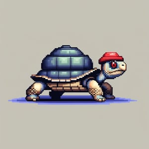 A turtle, ((with a hat on his head and red eyes:1.5)), crawling forward on all fours,
(full body picture),
(from the side),
A blue background,
(Pixel Art :1.3), Pixel style,