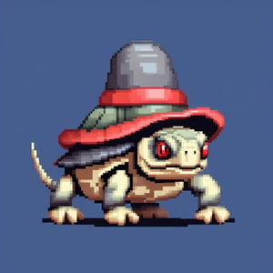 A turtle, ((with a hat on his head and red eyes:1.1)), crawling forward on all fours,
(full body picture),
(from the side),
A blue background,
(Pixel Art :1.3), Pixel style,