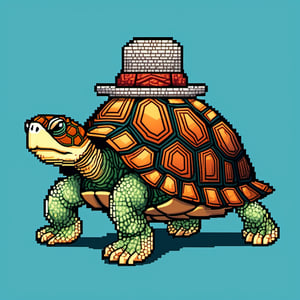 ((Turtle wearing a hat on the head:1.6)), turtle's red eyes, limbs crawling forward, (full body), (side full body picture), sky blue background, (Pixel art:1.5), pixel style,pixelstyle,