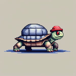 A turtle, ((with a hat on his head and red eyes:1.5)), crawling forward on all fours,
(full body picture),
(from the side),
A blue background,
(Pixel Art :1.3), Pixel style,