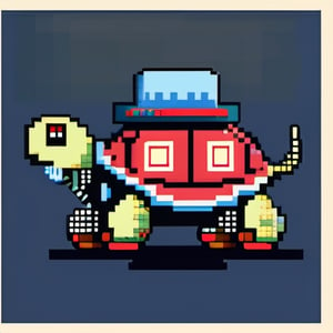 A turtle, 
((with a hat on his head and red eyes:1.1)), 
crawling forward on all fours,
full body,(from the side:2),
A blue background,
Pixel Art , Pixel style,
