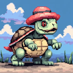 ((Turtle wearing a hat on the head)), turtle's red eyes, limbs crawling forward, (full body), (side full body picture), sky blue background, (Pixel art:1.5), pixel style,pixelstyle,