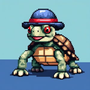 A turtle, ((with a hat on his head and red eyes:1.1)), crawling forward on all fours,(full body picture),(from the side:1.9),
A blue background,(Pixel Art :1.3), Pixel style,