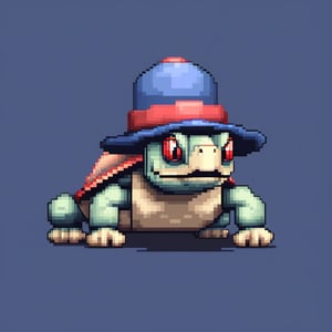 A turtle, ((with a hat on his head)),red eyes:1.9, crawling forward on all fours,(full body picture),(from the side:1.9),
A blue background,(Pixel Art :1.3), Pixel style,pixelartstyle