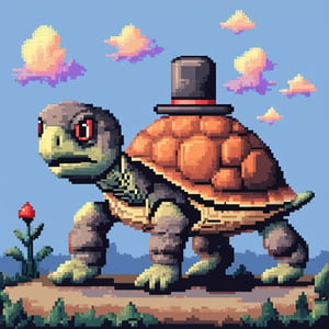 ((Turtle wearing a hat on the head)), turtle's red eyes, limbs crawling forward, (full body), (side full body picture), sky blue background, (Pixel art:1.5), pixel style,pixelstyle,
