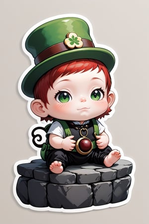 A baby,Little leprechaun, wearing red bean band, in white and black colors, on stone,in a little house,masterpiece, best quality, sticker