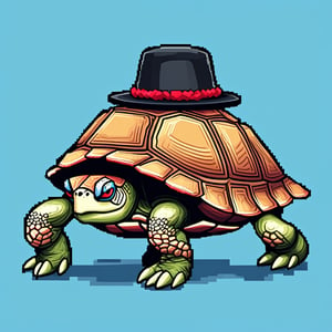 ((Turtle wearing a hat on the head:1.6)), turtle's red eyes, limbs crawling forward, (full body), (side full body picture), sky blue background, (Pixel art:1.5), pixel style,pixelstyle,
