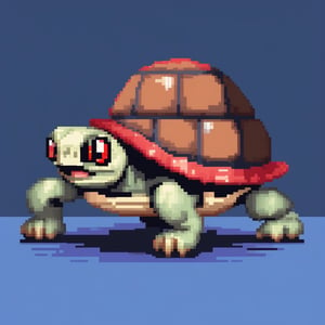 A turtle, ((with a hat on his head)),red eyes:1.9, crawling forward on all fours,(full body picture),(from the side:1.9),
A blue background,(Pixel Art :1.3), Pixel style,pixelartstyle