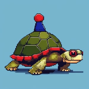 A turtle, ((with a hat on his head)),red eyes:1.9, crawling forward on all fours,(full body picture),(from the side:1.9),
A blue background,(Pixel Art :1.3), Pixel style,pixelartstyle