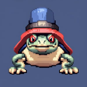 A turtle, ((with a hat on his head and red eyes:1.1)), crawling forward on all fours,(from the side),A blue background,
(Pixel Art :1.3), Pixel style,