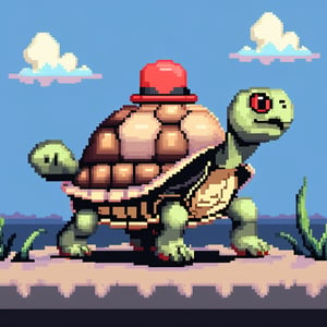 ((Turtle wearing a hat on the head:1.6)), turtle's red eyes, limbs crawling forward, (full body), (side full body picture), sky blue background, ((Pixel art:1.5)), pixel style,pixelstyle,