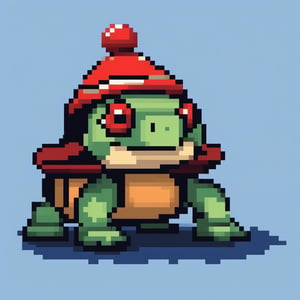 A turtle, ((with a hat on his head and red eyes:1.1)), crawling forward on all fours,full body,(from the side:1.9),
A blue background,(Pixel Art :1.3), Pixel style,
