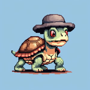 ((Turtle wearing a hat on the head:1.6)), turtle's red eyes, limbs crawling forward, (full body), (side full body picture), sky blue background, ((Pixel art:1.5)), pixel style,pixelstyle,