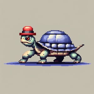 A turtle, ((with a hat on his head and red eyes:1.5)), crawling forward on all fours,
(full body picture),
(from the side),
A blue background,
(Pixel Art :1.3), Pixel style,