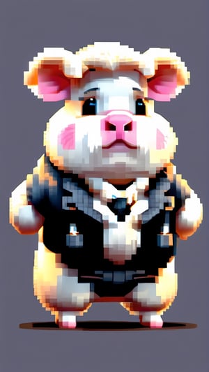 (a white-striped pig, anthropomorphic figure), weighing 100kg, (hair is a braid, the braid is draped across the chest), (wearing a suit, the figure), (standing on two legs), commanding with both hands forward, smiling towards the camera,pixel style