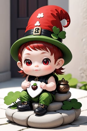 A baby,Little leprechaun, wearing red bean band, in white and black colors, on stone,in a little house,masterpiece, best quality, sticker