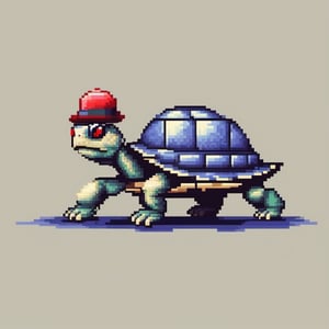 A turtle, ((with a hat on his head and red eyes:1.5)), crawling forward on all fours,
(full body picture),
(from the side),
A blue background,
(Pixel Art :1.3), Pixel style,