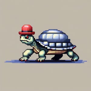 A turtle, ((with a hat on his head and red eyes:1.5)), crawling forward on all fours,
(full body picture),
(from the side),
A blue background,
(Pixel Art :1.3), Pixel style,