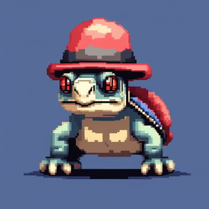 A turtle, ((with a hat on his head and red eyes:1.9)), crawling forward on all fours,(full body picture),(from the side:2),
A blue background,(Pixel Art :1.3), Pixel style,pixelartstyle