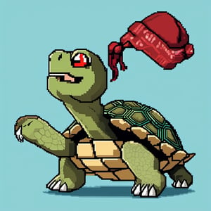 ((Turtle wearing a hat on the head:1.6)), turtle's red eyes, limbs crawling forward, (full body), (side full body picture), sky blue background, (Pixel art:1.5), pixel style,pixelstyle,