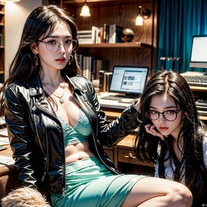 Wonder woman sitting in her secret office in basement, leather jacket and jean skirt, wonder woman costume under jacket, wearing glasses, staring at computer screen, Korean girl, 1girl, 23yo, high ponytail, [long] black straight hair, huge natural breasts, narrow waists, (aqua earrings, diamond necklaces), frowning, ,

 [very] sexy pose, sitting, [cinematic shot], moody lighting, (at night:1.4), upper body shot, side view, ,

(normal body structure):1.2, (correct proportions):1.2, (normal limbs and fingers):1.2, (better_hands):1.5, 
masterpiece, best quality, photorealistic, high resolution, 8K raw photo, song-hyegyo