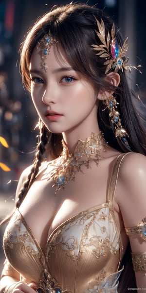 A mesmerizing and visually stunning fractal artwork featuring a single female figure, created by a renowned artist, showcasing intricate details and vibrant colors. Official art quality with a strong aesthetic appeal. High resolution rendering in 4K, ancient goddess costume, braided_bangs, waist up portrait, realistic, real life, sexy, looking at viewer,