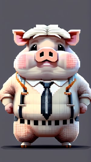 (a white-striped pig, anthropomorphic figure), weighing 100kg, (hair is a braid, the braid is draped across the chest), (wearing a suit, the figure), (standing on two legs), commanding with both hands forward, smiling towards the camera,pixel style