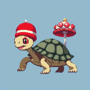 Turtle wearing a hat on the head, turtle's red eyes, limbs crawling forward, (full body), (side full body picture), sky blue background, (Pixel art), pixel style,pixel