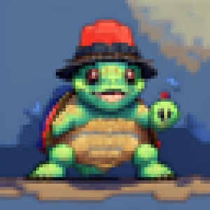 A turtle, ((with a hat on his head and red eyes:1.1)), crawling forward on all fours,(full body picture),(from the side:1.9),
A blue background,(Pixel Art :1.3), Pixel style,pixelartstyle