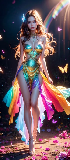 young american woman with beautiful blowing hair and mesmerizing eyes, wearing a flowing red gold dress made of petals, in a serene garden (filled with blooming flowers), a representation of beauty and grace, charming, cute, beautiful, ultra detailed, dream like shot, 8k, sunset, ((holographic))), (((rainbowish))), expressive, cinematic, dynamic pose,midjourney, full body nude, topless, visible breast, many many glowing colorful butterflies, ((realistic)), ((real life girl)), ((looking at viewer)), ((sexy slim body)), (((zoomed out full body portrait))),
