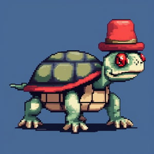 A turtle, ((with a hat on his head and red eyes:1.1)), crawling forward on all fours,full body,(from the side:1.9),
A blue background,(Pixel Art :1.3), Pixel style,