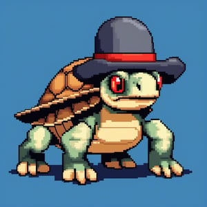 A turtle, ((with a hat on his head and red eyes:1.1)), crawling forward on all fours,(full body picture),(from the side:1.9),
A blue background,(Pixel Art :1.3), Pixel style,