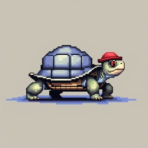 A turtle, ((with a hat on his head and red eyes:1.5)), crawling forward on all fours,
(full body picture),
(from the side),
A blue background,
(Pixel Art :1.3), Pixel style,