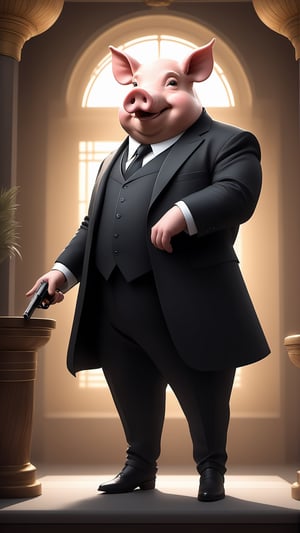 A political dictator, an arms dealer,
((a pig with Chinese characteristics, revolver in hand:1.5)), ((Revolver)), 
((Pig President)), (Pig President), (Pig Man), fat figure, (animal anthropomorphic))
super detail, gangster theme, smoking, black suit, Father of God style, looking at the audience, standing on a balcony, solid color background, Super clear, super facial detail, intricate, whole body, height :1.1, (castle :1.3),