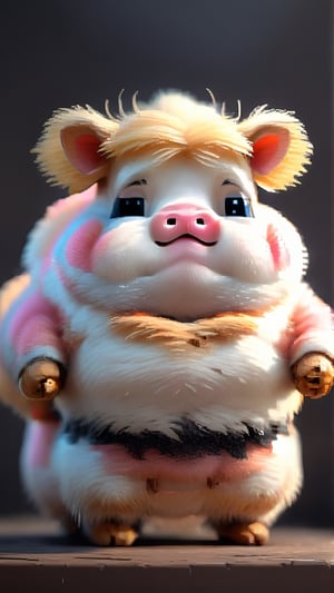 (a white-striped pig, anthropomorphic figure), weighing 100kg, (hair is a braid, the braid is draped across the chest), (wearing a suit, the figure), (standing on two legs), commanding with both hands forward, smiling towards the camera,pixel style