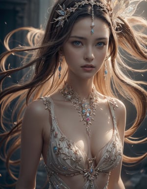 A mesmerizing and visually stunning fractal artwork featuring a single female figure, realistic, real life looking, untral HD, high resolution, created by a renowned artist, showcasing intricate details and vibrant colors. Official art quality with a strong aesthetic appeal. High resolution rendering in 4K, best cinematic lighting, ((full body portrait)), delicate hair jewelry,