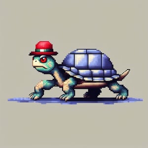 A turtle, ((with a hat on his head and red eyes:1.5)), crawling forward on all fours,
(full body picture),
(from the side),
A blue background,
(Pixel Art :1.3), Pixel style,