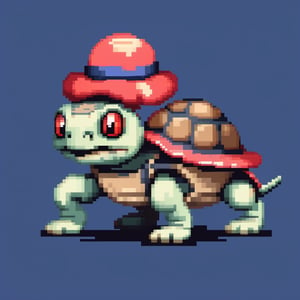 A turtle, ((with a hat on his head and red eyes)), crawling forward on all fours,(full body),(from the side:2),
A blue background,(Pixel Art :1.3), Pixel style,pixelartstyle