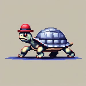 A turtle, ((with a hat on his head and red eyes:1.5)), crawling forward on all fours,
(full body picture),
(from the side),
A blue background,
(Pixel Art :1.3), Pixel style,