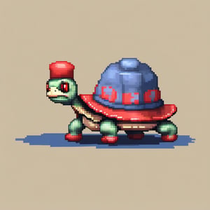 A turtle, ((with a hat on his head and red eyes:1.5)), crawling forward on all fours,
(full body picture),
(from the side),
A blue background,
(Pixel Art :1.3), Pixel style,