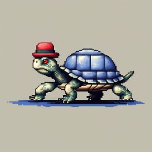 A turtle, ((with a hat on his head and red eyes:1.5)), crawling forward on all fours,
(full body picture),
(from the side),
A blue background,
(Pixel Art :1.3), Pixel style,