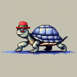 A turtle, ((with a hat on his head and red eyes:1.5)), crawling forward on all fours,
(full body picture),
(from the side),
A blue background,
(Pixel Art :1.3), Pixel style,